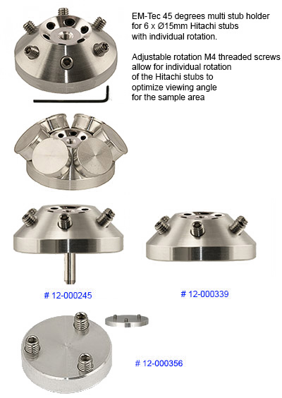 Adjustable rotation M4 threaded screws allow for individual rotation of the Hitachi stubs to optimize viewing angle for the sample area